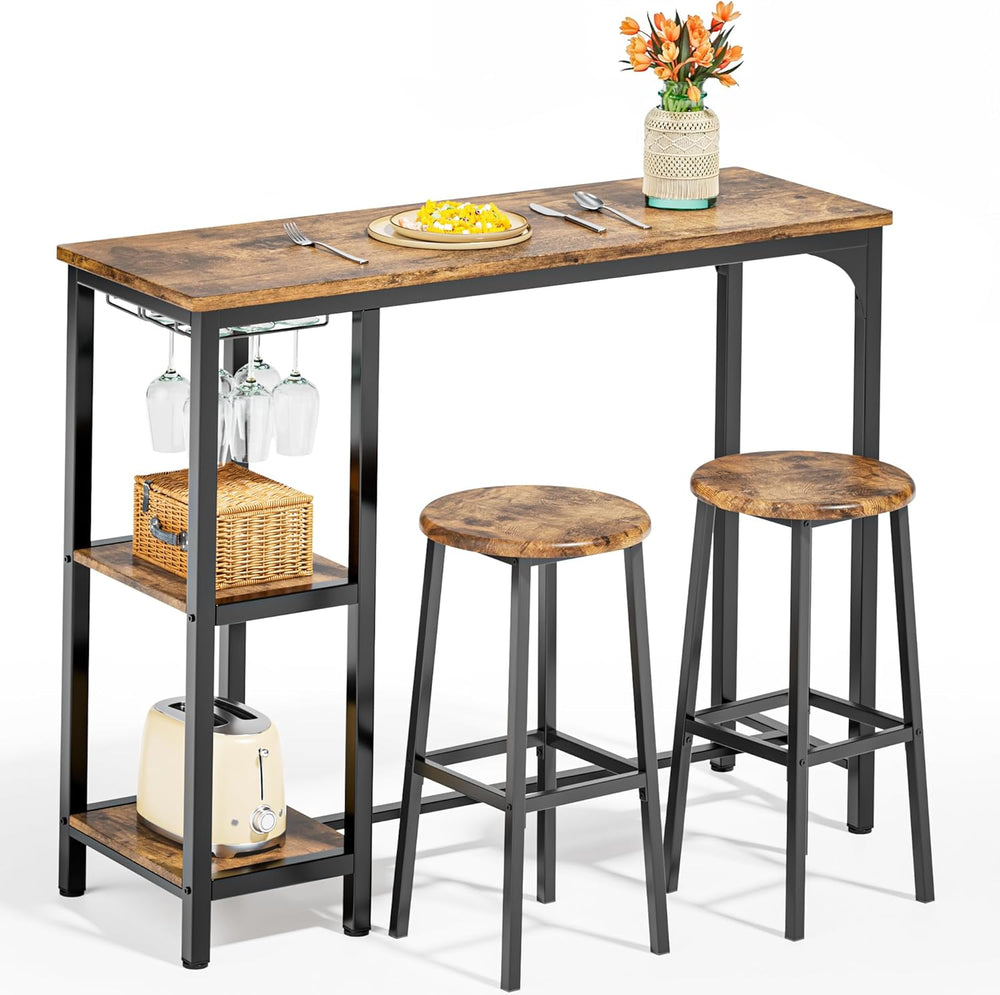 Qsun 3-Piece Bar Table Set for 2 | Bar Height Table with Stools & 2 Stora...