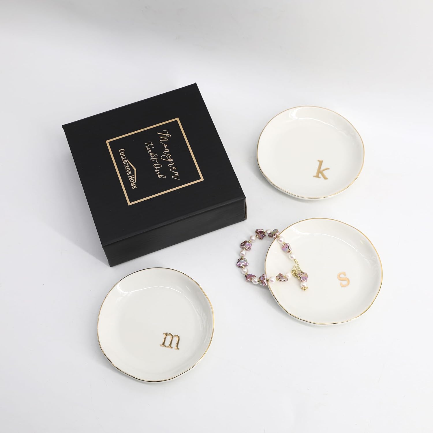 COLLECTIVE HOME - Ceramic Jewelry Tray, Decorative Trinket Dish for Rings Earrings Necklaces Bracelet Watch Keys, Birthday Mother's Day Christmas Gift for Women, 4.75", Glossy (v)
