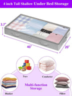 Under Bed Storage, Below 4 Inches High Underbed Storage Containers Low Profile, NO STRUCTURE, Foldable Shallow Storage Bags Bins Organizer Clothes with Clear Lid & Zipper, 2-Pack, 20x40x3.7in