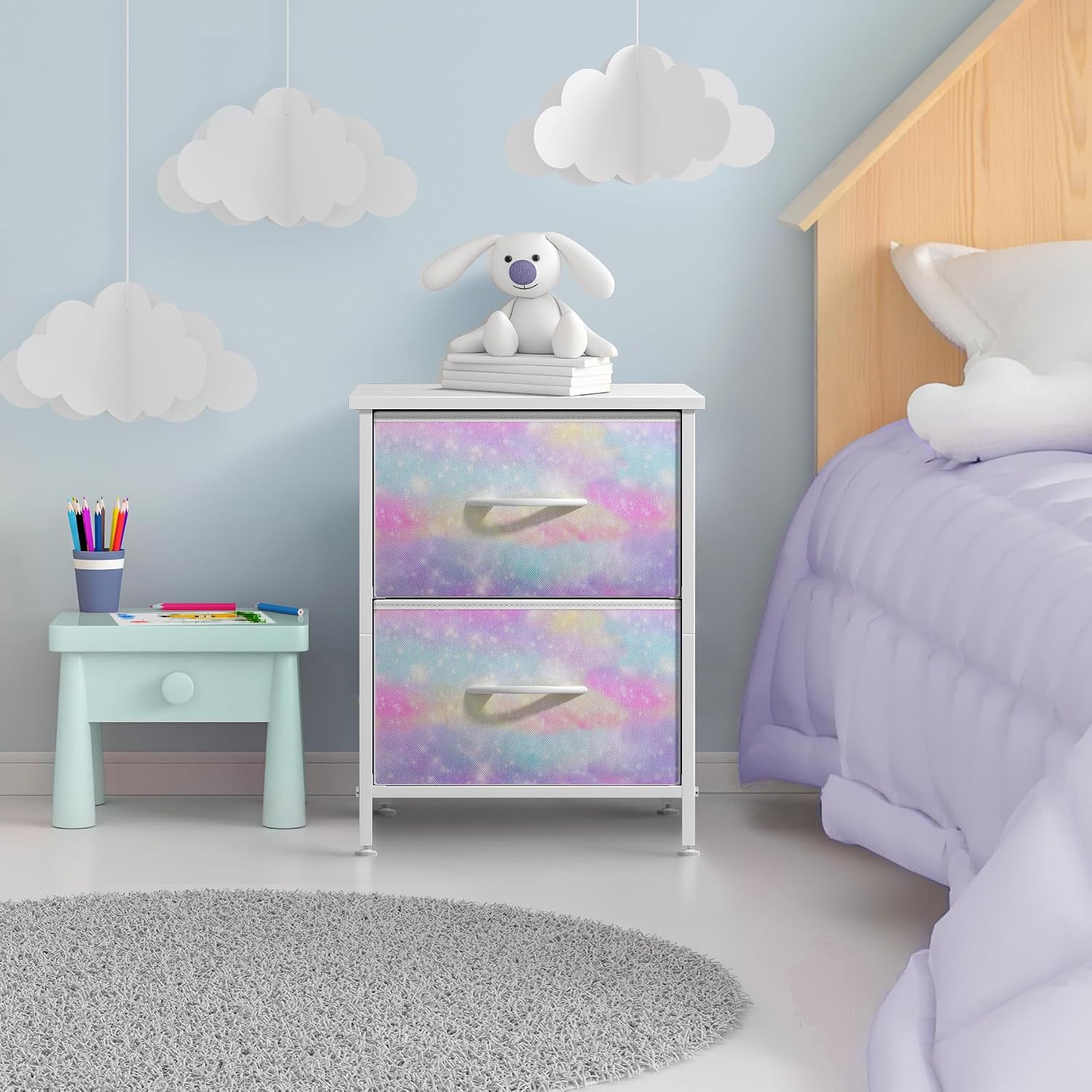 Sorbus Nightstand with 2 Drawers - Kids Bedside Furniture End Table Night Stand - Steel Frame, Wood Top & Easy Pull Fabric Bins - Dresser & Chest for Home, Bedroom Accessories, Office & College Dorm