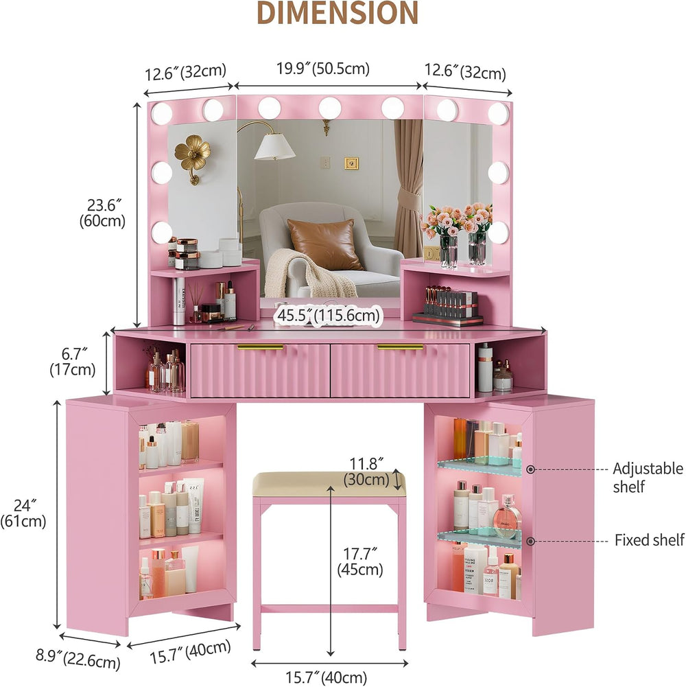 Corner Makeup Vanity with LED Triple Mirror and Charging Station - Pink | SKK...