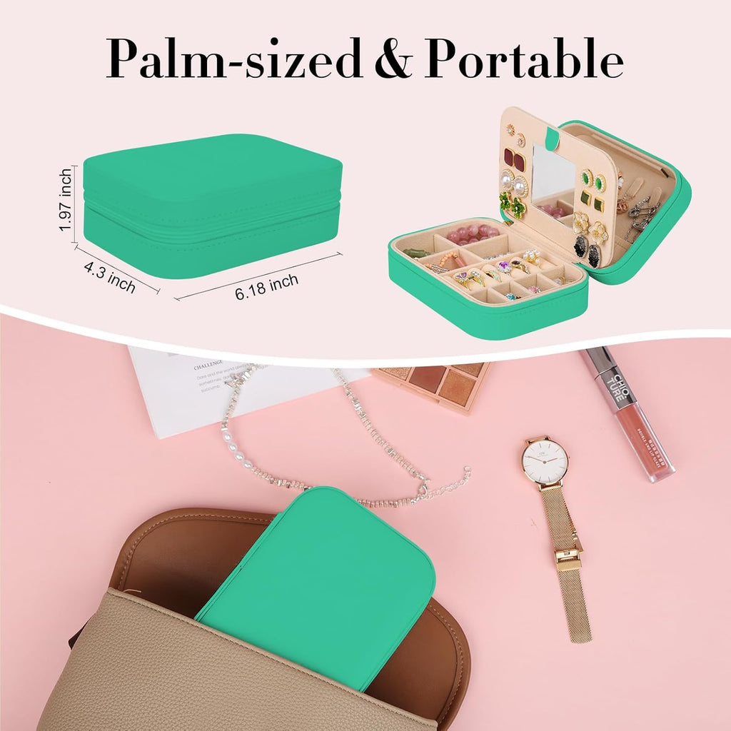 TopPerfekt Travel Jewelry Case, Jewelry Box with Mirror, Jewelry Organizer Bridal Shower Gifts to Her, Earring Storage Travel Case, Trendy Gift for Women and Girls, Girlfriend-Pure Green