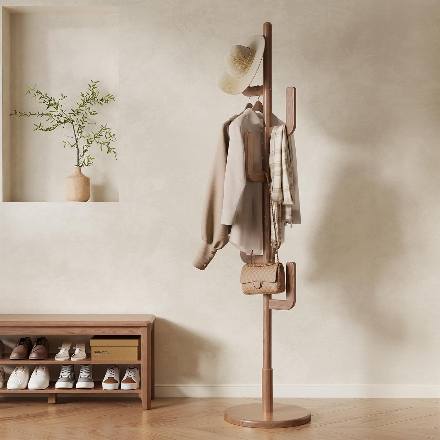 Muwuele Solid Wood Cactus Coat Rack, Freestanding Coat Rack With 6 L-Shaped Hooks and 3 Adjustable Sizes, Coat Tree for Bedroom, Entryway, Livingroom, Coat Hanger Stand for Coats, Handbags (Walnut)