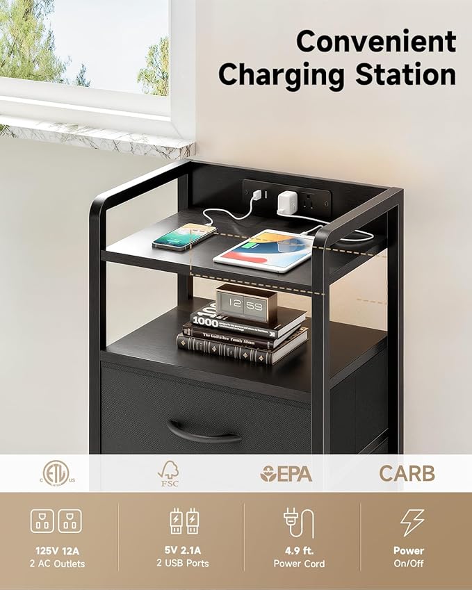 Night Stand Bedside Charger Bedroom - Nightstand with Charging Station & ...