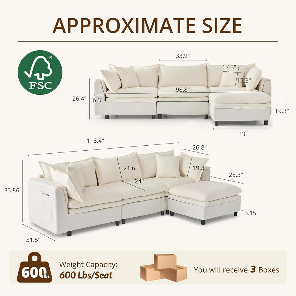 113.4'' Modular Sectional Sofa with Storage Ottoman, Oversized L Shap...