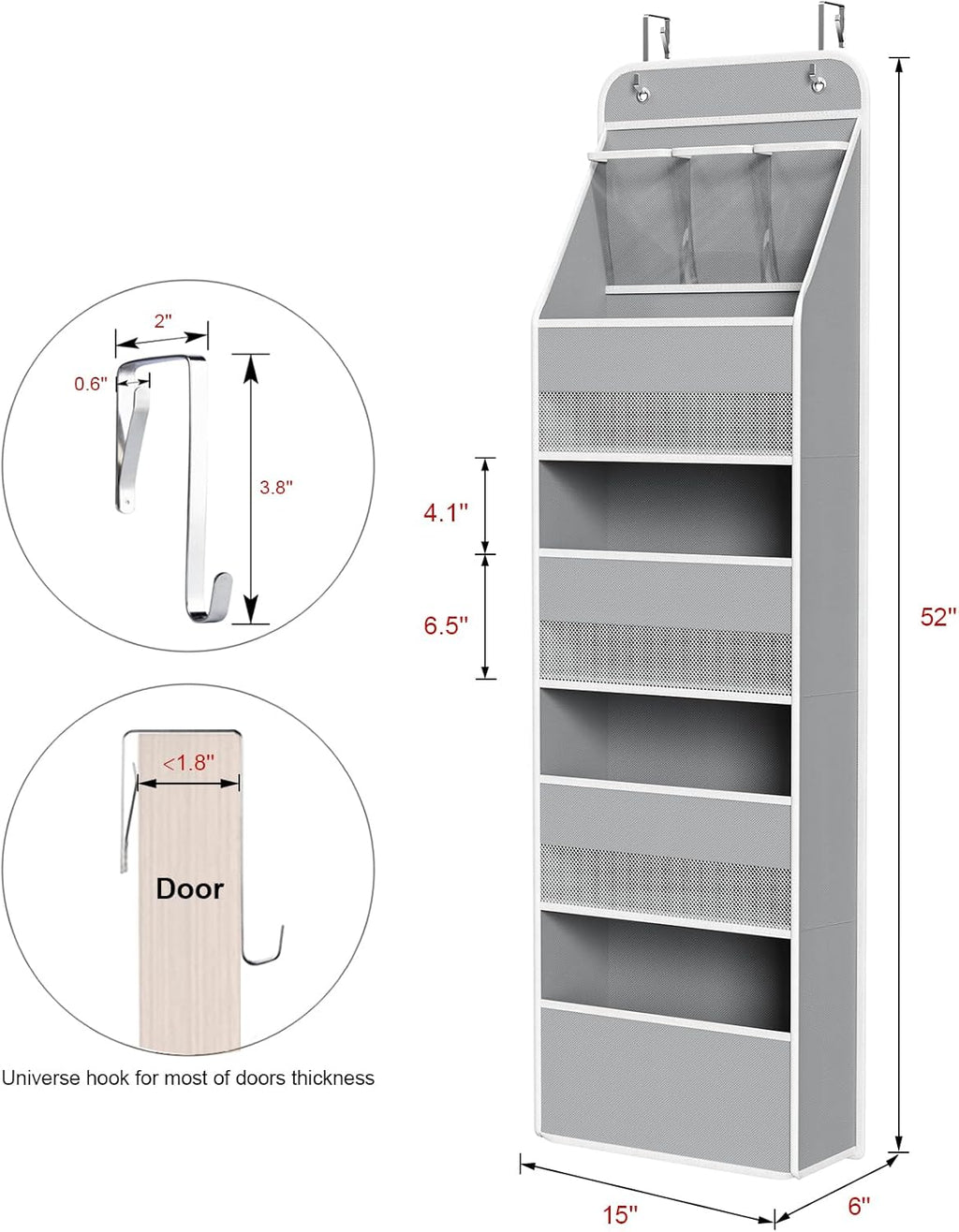 Univivi 5-Shelf Fabric Door Storage Over Door Hanging Organizer with 4 Large Pockets and 3 Small PVC Pockets Nursery Closet Cabinet Wall Mount Hanging Storage Organizers for Baby Nursery (Grey)