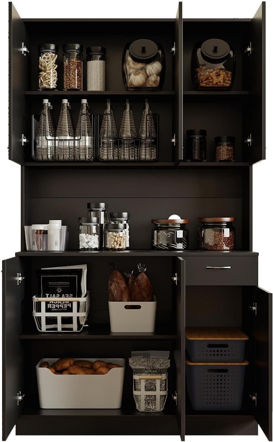 71" Black Kitchen Pantry Cabinets with Microwave Stand, 6 Doors & 3 ...
