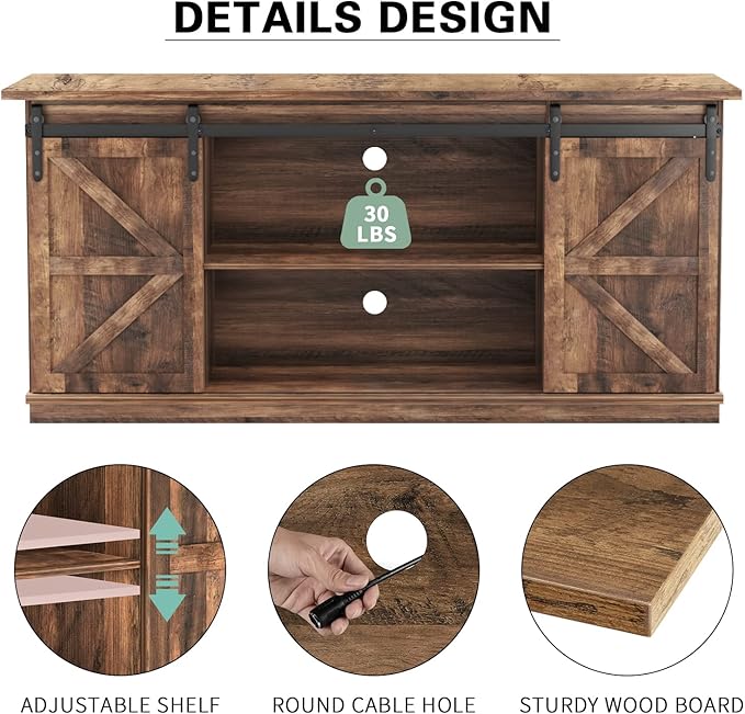 YESHOMY TV Stand for Televisions up to 65 Inches, with Sliding Barn Doors and Storage Cabinets, Console Table and Media Furniture for Living Room, 58 Inch, Barnwood