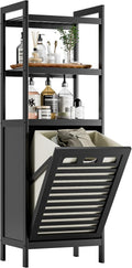 HITNET Tilt Out Laundry Hamper, Bamboo Bathroom Cabinet with Pull Out Removable Bag and 3 Tier Storage Shelves, 8.5 Gallon Clothes Basket with Metal Handle, Black