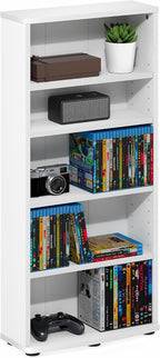 Furinno Jaya DVD Shelf, 5-Tier CD Rack, Media Shelf, White | Open Shelf, Adjustable Shelves, DVD Storage Cabinets for CD Blueray Game Disc, Easy Assembly, for Living Room, Home Office