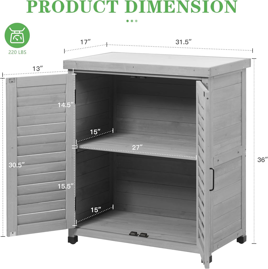 Outdoor Potting Bench with Storage Cabinet and Metal Top, Wood Workstation for Outdoor Patio, Garden (Light Grey, 31x17x36‘’)