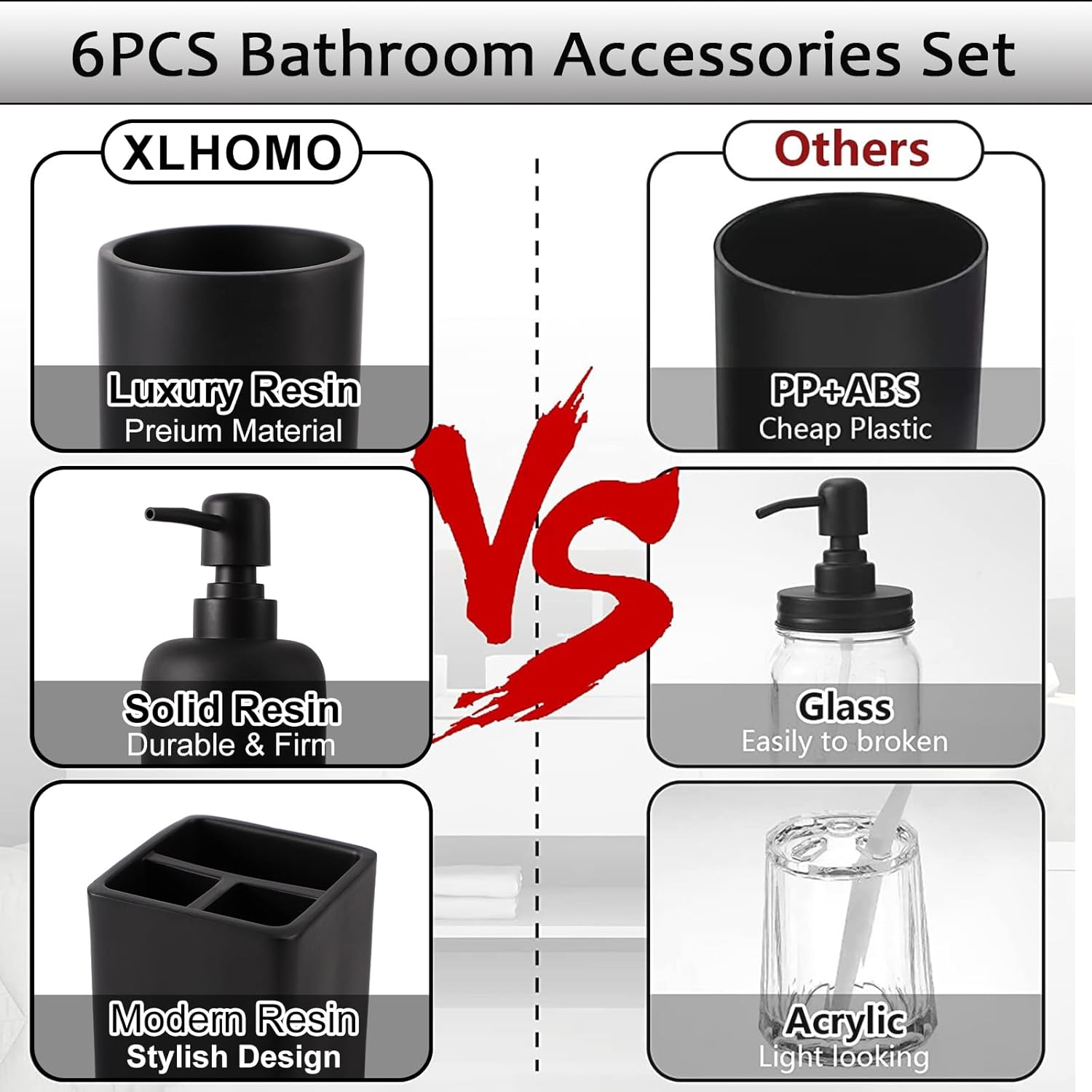 Resin 6 Pcs Black Bathroom Set Complete with Toothbrush Holder, Lotion Soap Dispenser, 2 Qtip Holder Dispensers,Vanity Tray,Bathroom Tumbler - Countertop Vanity Organizer - Bathroom Accessories Set