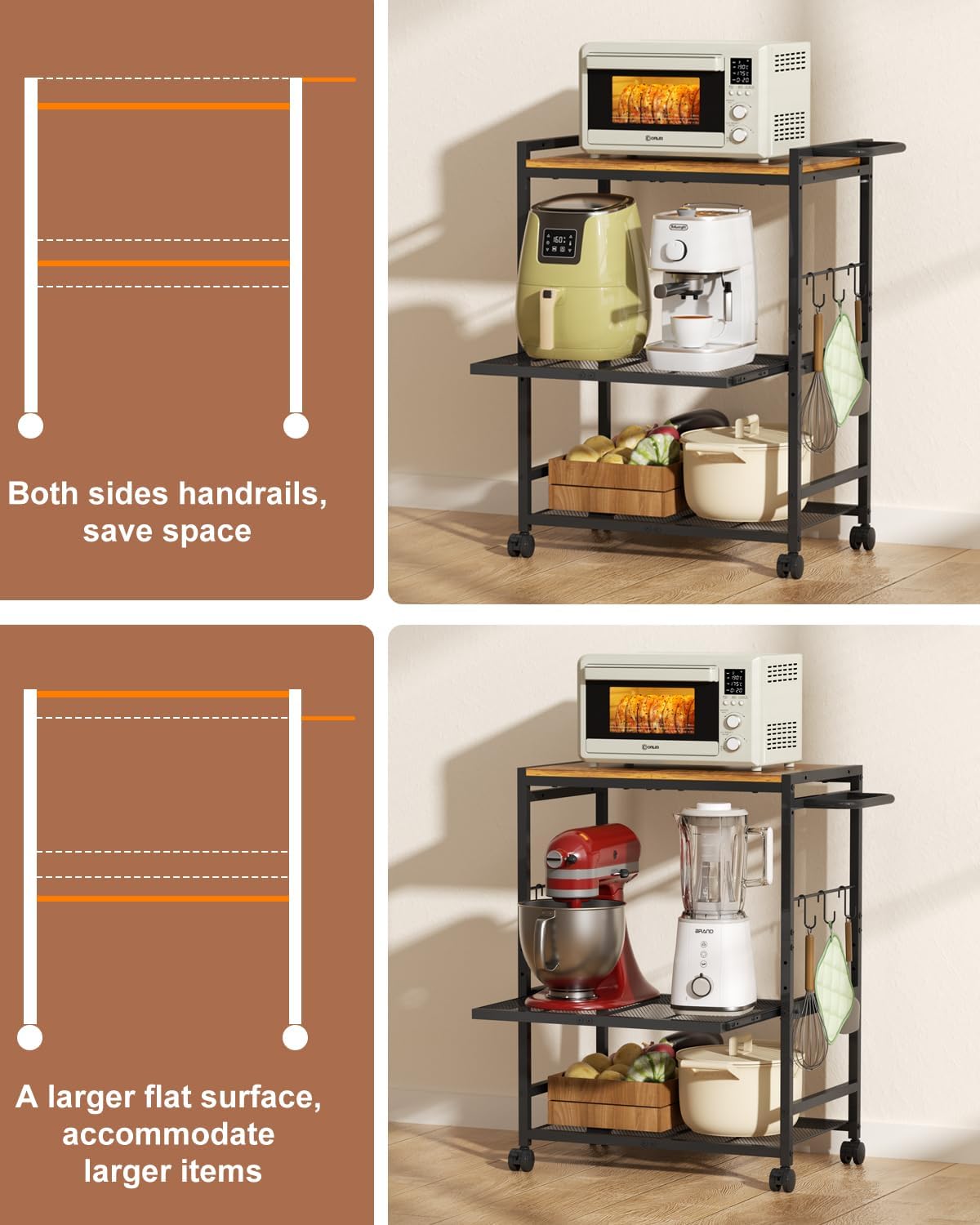 Feyejade 3-Tier Rolling Kitchen Cart with Storage, Compact Metal Island | Compact size for pantry storage, adjustable shelf utility cart, pull out drawer, microwave stand table top open shelving