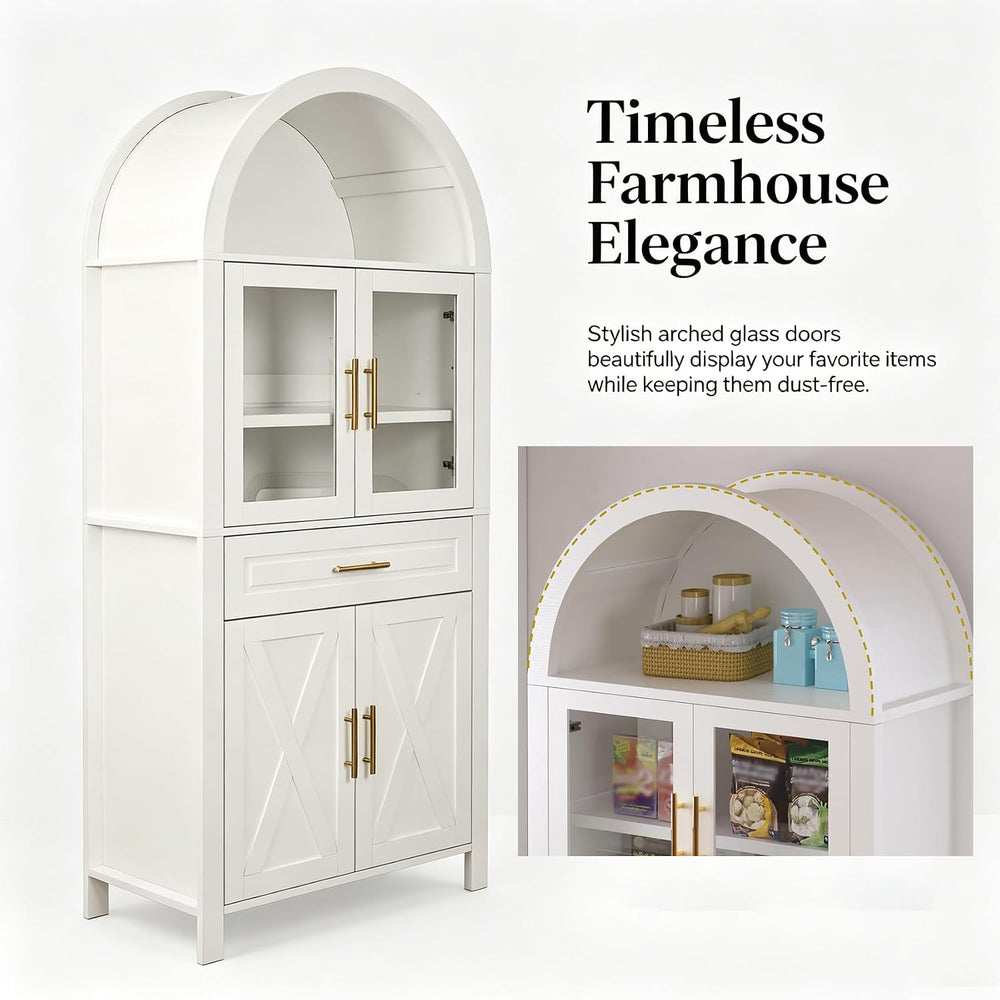 71" Tall Arched Kitchen Pantry Cabinet with Glass Doors - Farmhouse Stor...