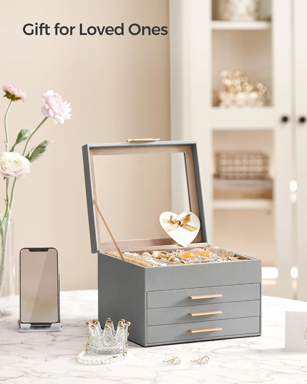 SONGMICS Jewelry Box Organizer with Glass Lid, 4-Layer Jewelry Storage, with 3 Drawers, Modern Style, Christmas Gift, 8 x 9.1 x 6.5 Inches, Dove Gray and Gold Color UJBC173G01