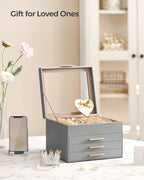 SONGMICS Jewelry Box Organizer with Glass Lid, 4-Layer Jewelry Storage, with 3 Drawers, Modern Style, Christmas Gift, 8 x 9.1 x 6.5 Inches, Dove Gray and Gold Color UJBC173G01