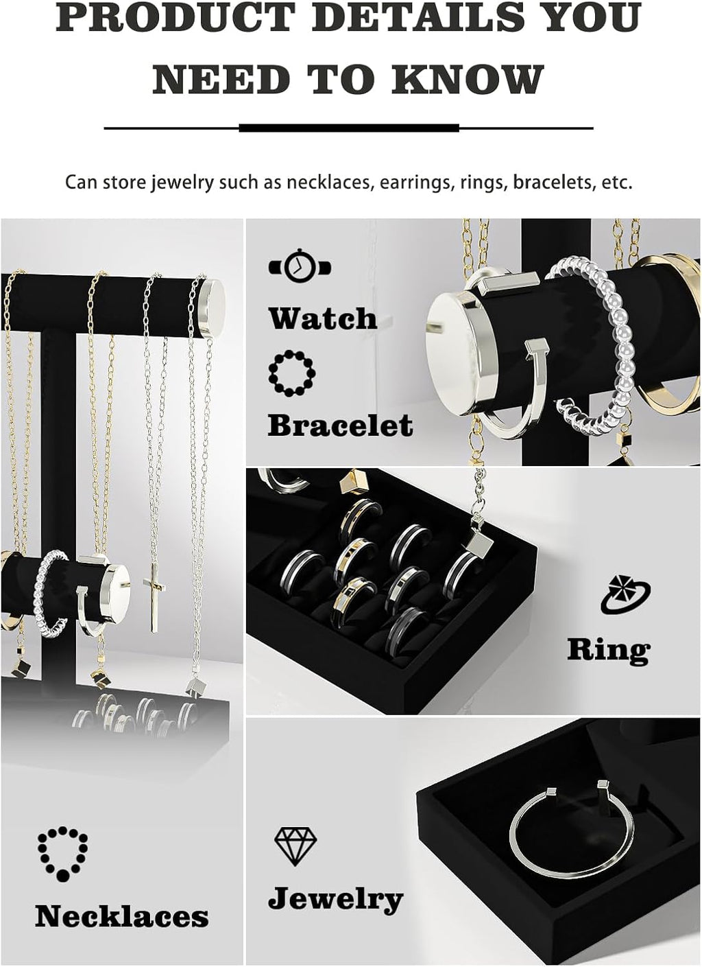 Bracelet and Necklace Holder,Velvet Jewelry Necklace Display Organizer Stand,bracelet Holder for Selling,Bracelet and Necklace Storage Tree (Style 2（Black+ Metal lid）)