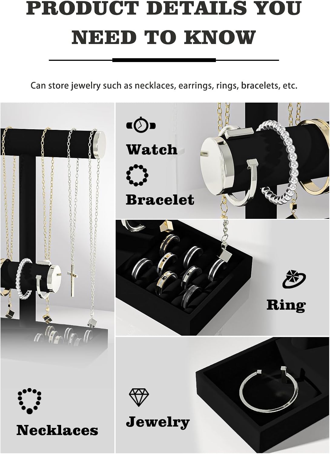 Bracelet and Necklace Holder,Velvet Jewelry Necklace Display Organizer Stand,bracelet Holder for Selling,Bracelet and Necklace Storage Tree (Style 2（Black+ Metal lid）)