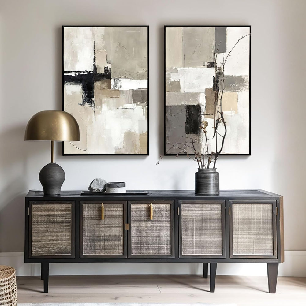 SAFERRYHOME Neutral Abstract Beige,Gray and Black Wall Art Set of 2,24"x...