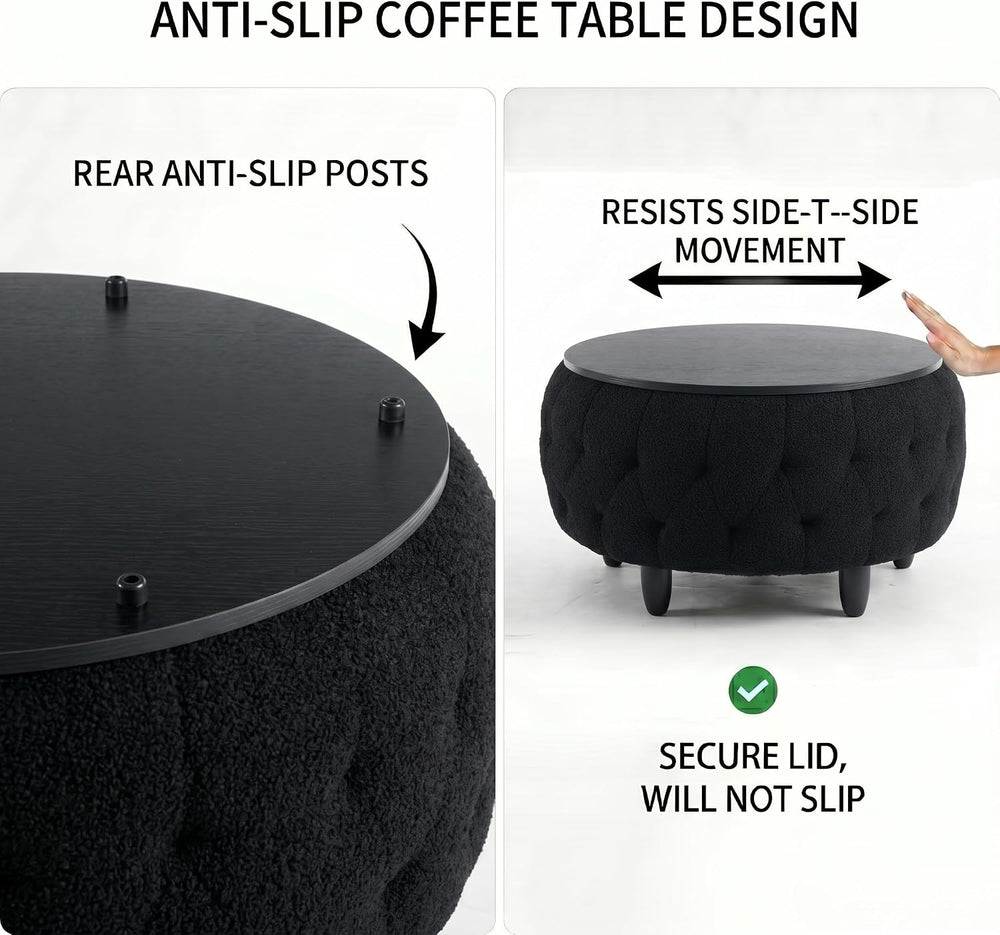 Large Round Storage Ottoman Coffee Table with Wooden Tabletop, 32 Inches Tedd...