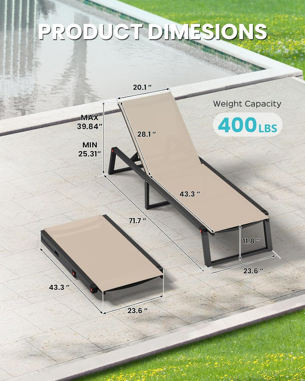 Aluminum Chaise Lounge Chair Outdoor, Foldable& No Assembly Patio Pool Lo...