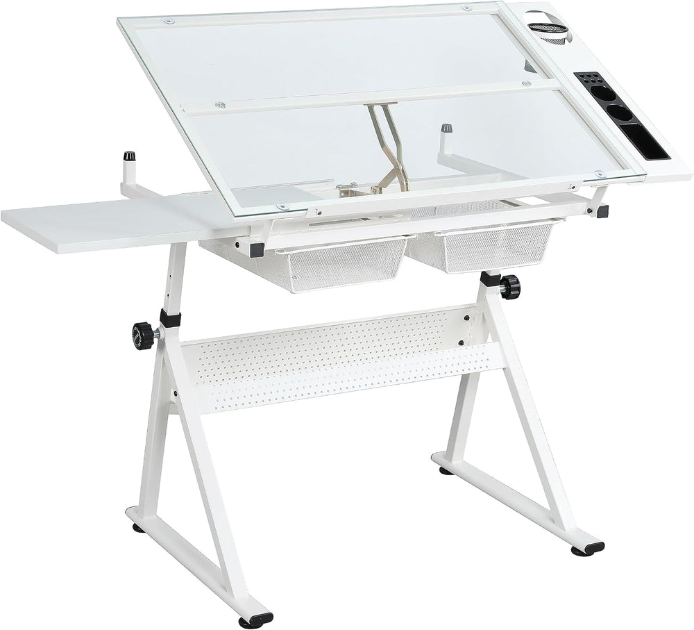 Height Adjustable Drafting Table Desk w/Stool, Tempered Glass Top | Art Craft...