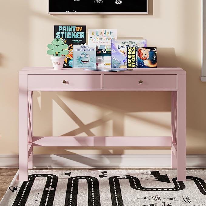 ChooChoo Computer Desk for Home Office, 39 Inches Writing Table with Drawers, Makeup Vanity Console Table, Pink