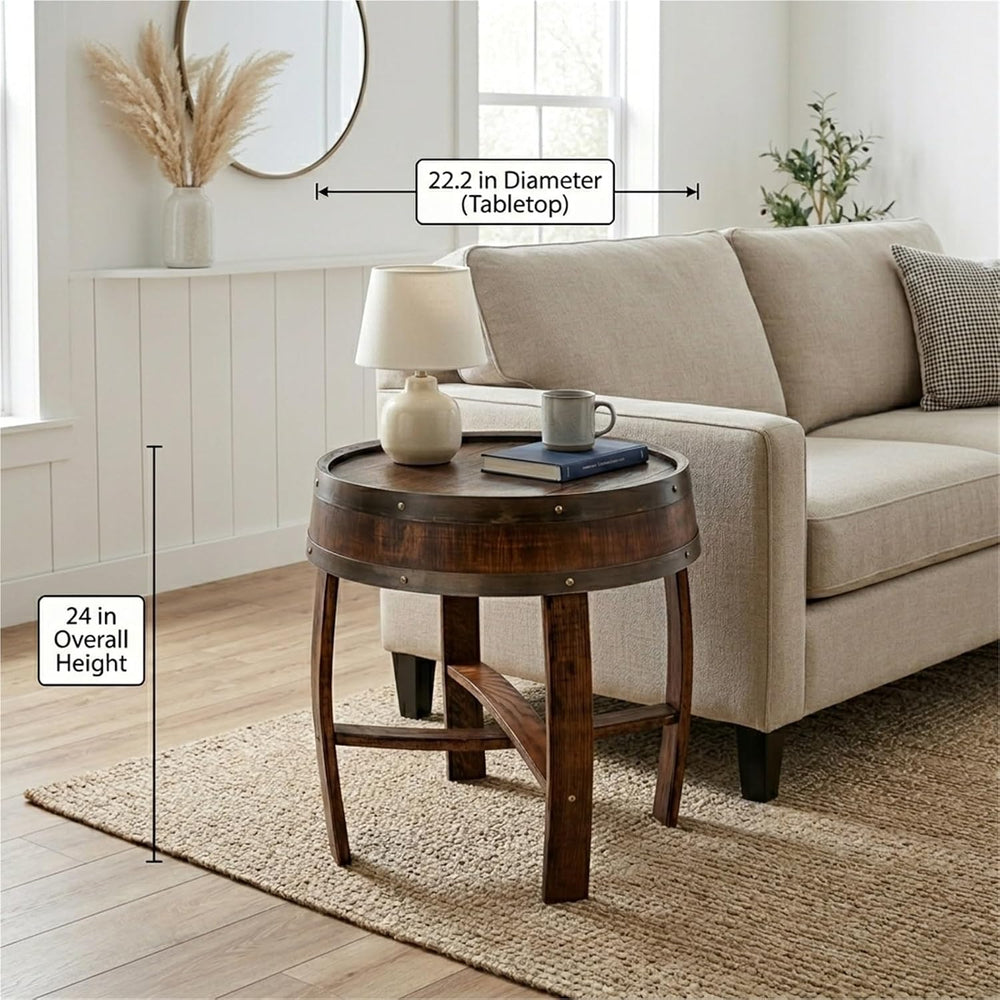 Rustic Round End Table, Whiskey Barrel End Table, Handcrafted Solid Farmhouse...