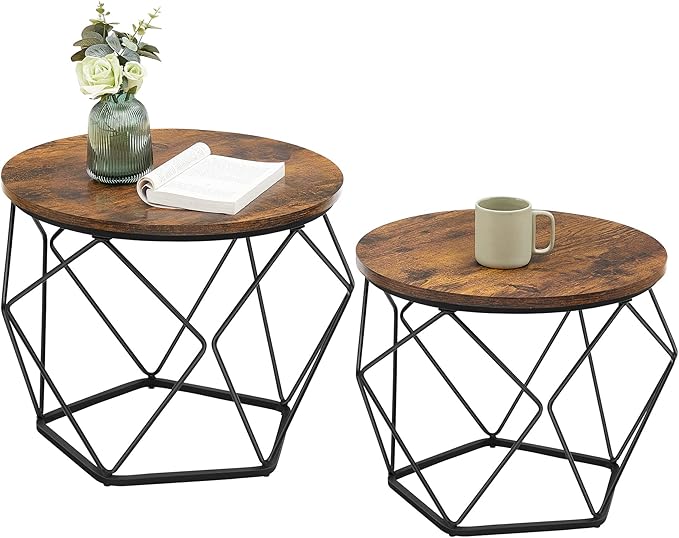 VASAGLE Small Coffee Table Set of 2, Round Coffee Table with Steel Frame, Sid...