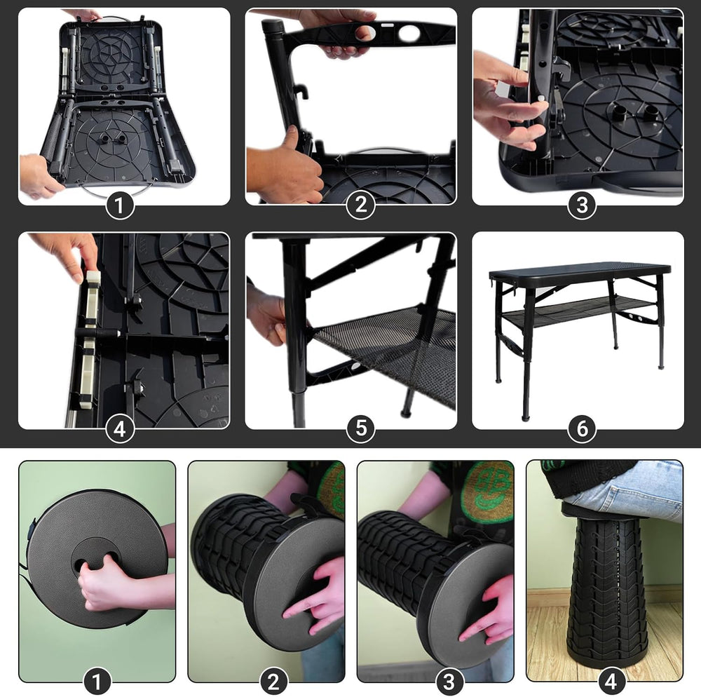 Folding Table and Stool, Small, Black, 4 Foot Outdoor Portable Table, Adjusta...