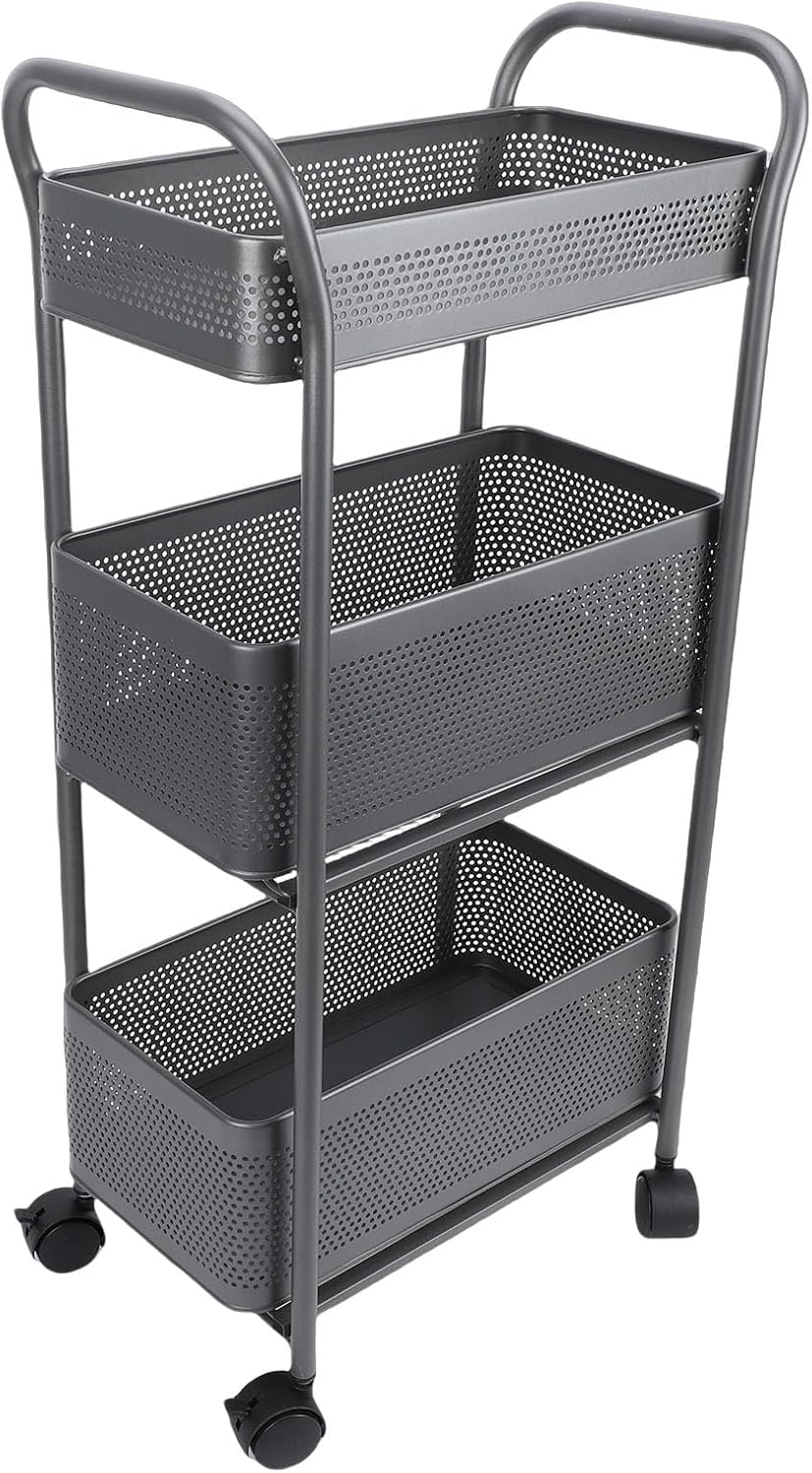 3 Tier Rolling Cart, Steel Multi Functional Movable Storage Organizer with Sliding Mesh Basket and 4 Quiet Wheels for Kitchen Bathroom Bedroom Living Room Laundry Room