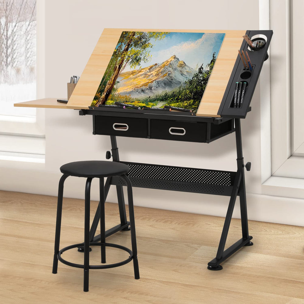 MoNiBloom 39‘’ Adjustable Drafting Table & Stool Set with Storage, Natura...