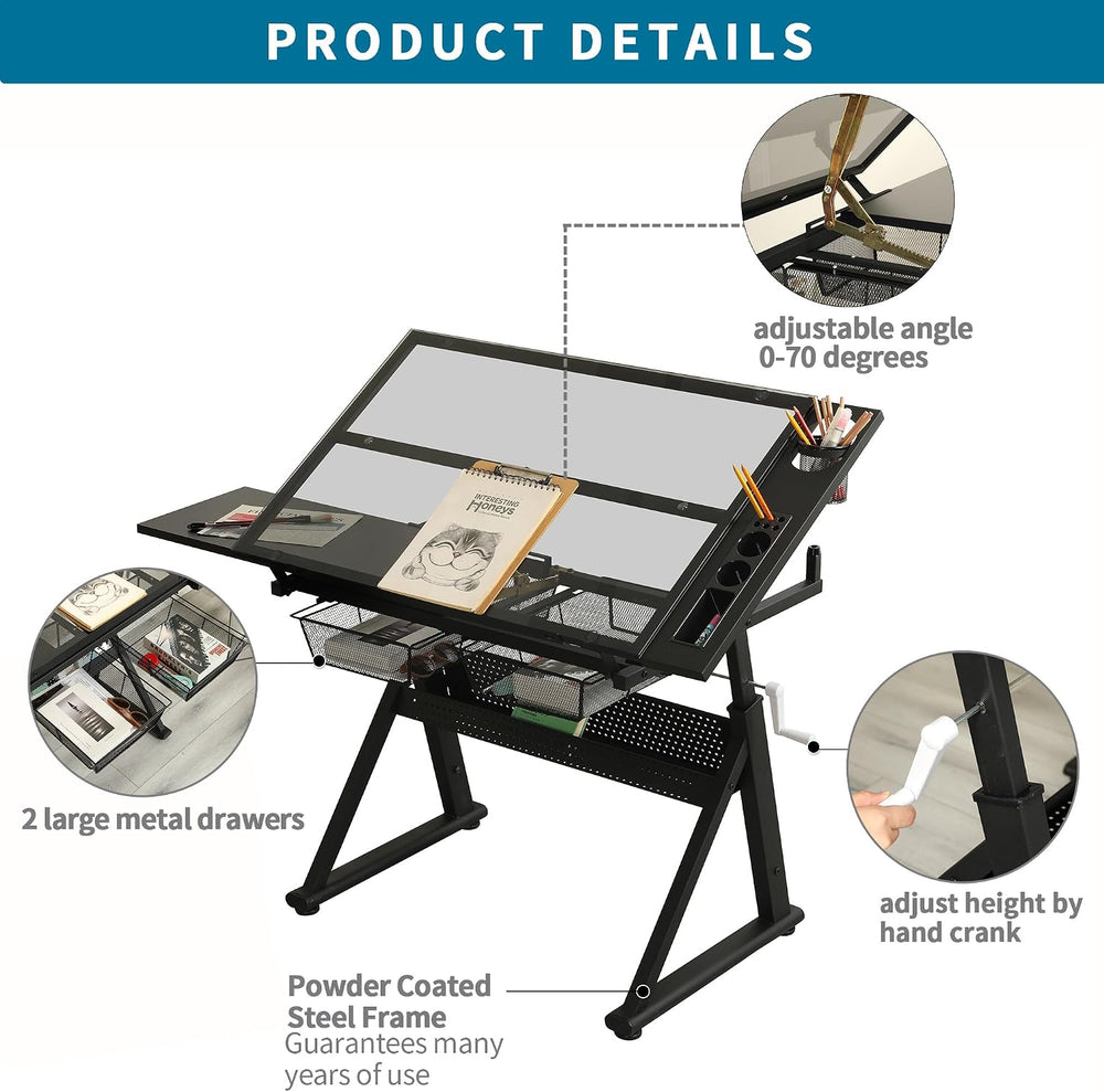 Black Hand Crank Adjustable Tempered Glass Drafting Table with Chair and Stor...