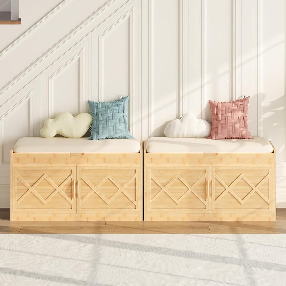 HOOBRO Shoe Bench, Shoe Storage Bench with Cushion, Bamboo Entryway Bench wit...