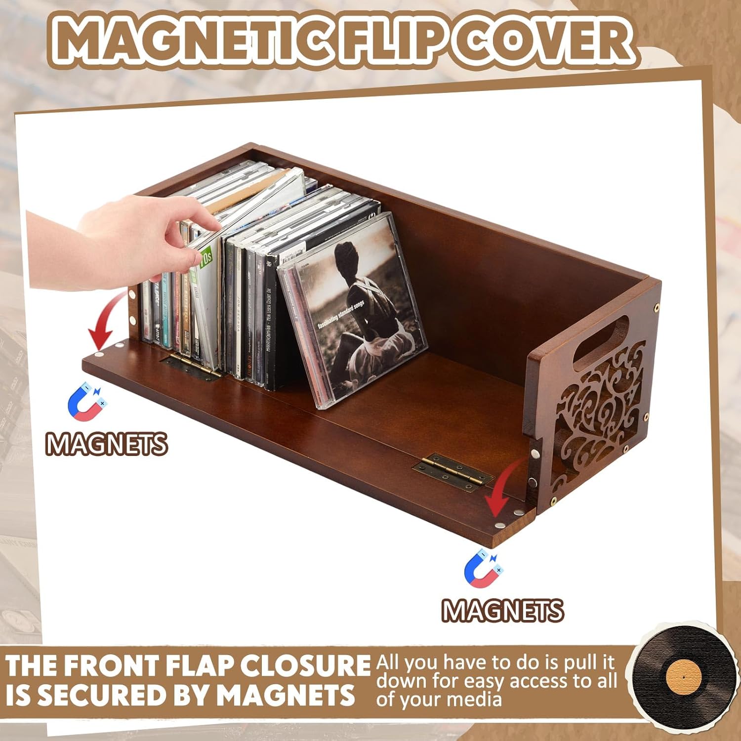 CroBlissful 4 Set Wooden Cd Holder, Stackable Cd Storage Rack with Handles, Magnetic Front-opening Design, Compact Media Organizer for Home Office & Living Room, Each Set Holds up to 36 Cases (Brown)