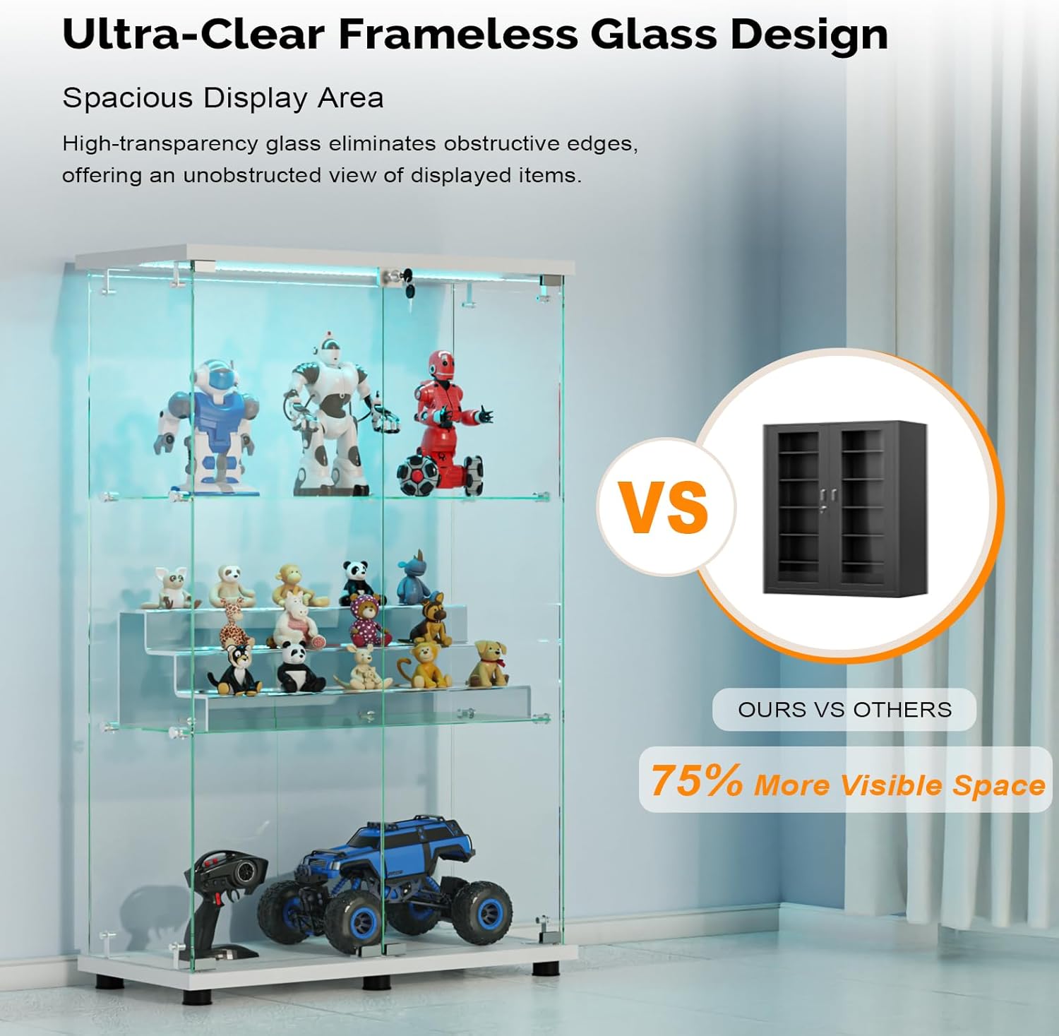 VINGLI Glass Display Cabinet with 3 Shelves, Double Doors and Lock, Floor Standing Curio Cabinets with LED Light, Upgraded Tempered Glass Bookshelf, for Living Room Living Room Bedroom Office, White
