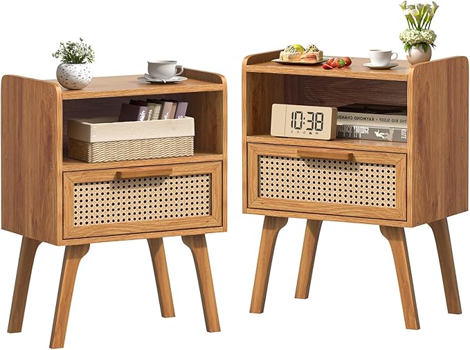 Lerliuo Rattan Nightstands Set of 2, Side Table with Drawer, Cane Accent Beds...