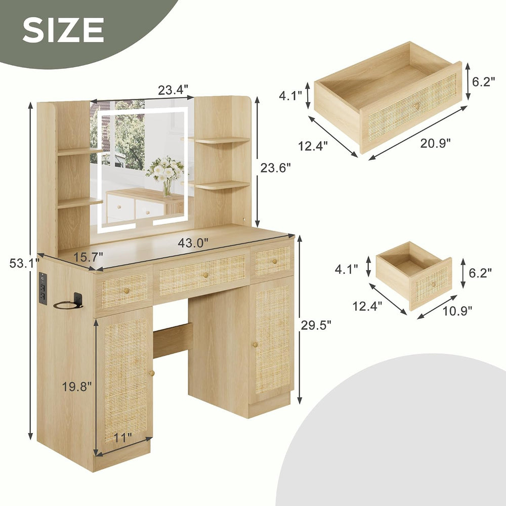 Yechen 43" Boho Makeup Vanity Desk with LED Lighted Mirror & Power S...
