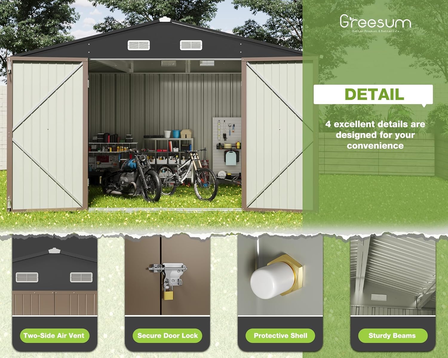 Greesum 10x10FT Outdoor Storage Shed, Utility Tool Shed Metal Storage Garden Shed with Door & Lock for Patio Storage, Brown