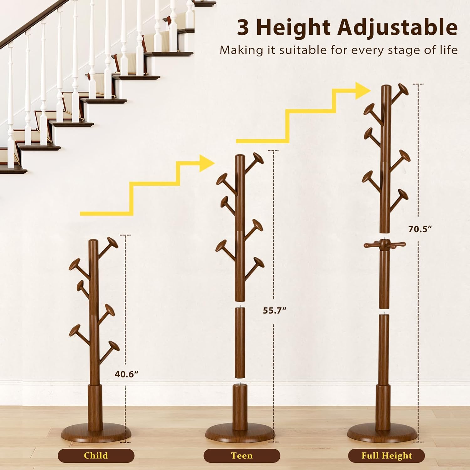 Taitiy Solid Wood Coat Rack Freestanding Coat Tree with 10 Hooks for Bedroom, Livingroom, Entryway, Sturdy Coat Hanger Stand for Hats, Coats, Scarves, Handbags, Purses