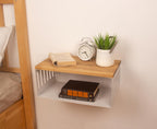 Floating Nightstand with White Metal Base, Wooden Top and Sturdy Metal Base, Minimalist Bedside Table, Wall Mounted Shelf, Bedside Shelf (Madrid)