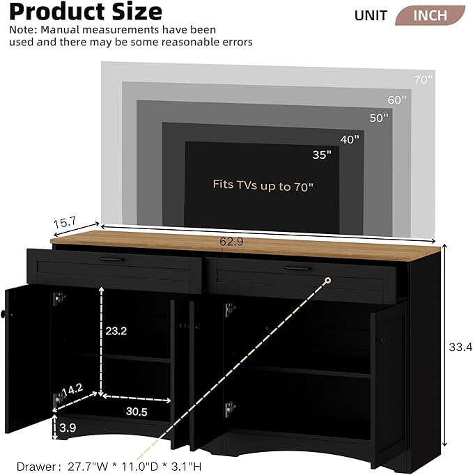Ball & Cast Farmhouse TV Stand with 2 Drawers for TVs up to 70",Wood Grain Sideboard Buffet Cabinet w/Rustic Handles and Adjustable Shelf,Entertainment Center for Living Room,Bedroom,Black