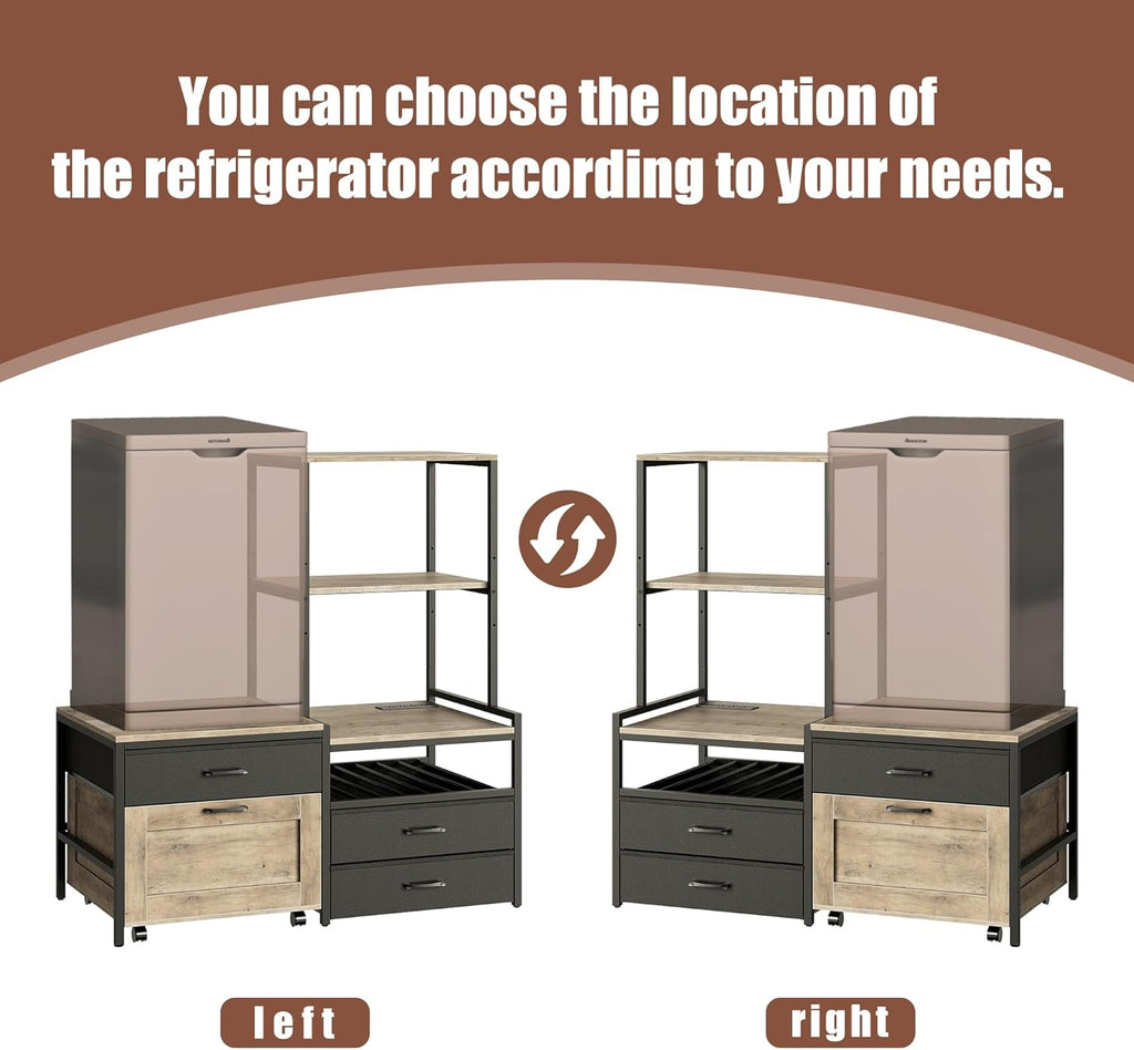 Herture Mini Fridge Stand with Wine Rack & Outlet, Kitchen Bakers Rack | Microwave Oven Stand, Coffee Bar, Movable Drawers, for Dorm,Office, Grey HB04BXZ