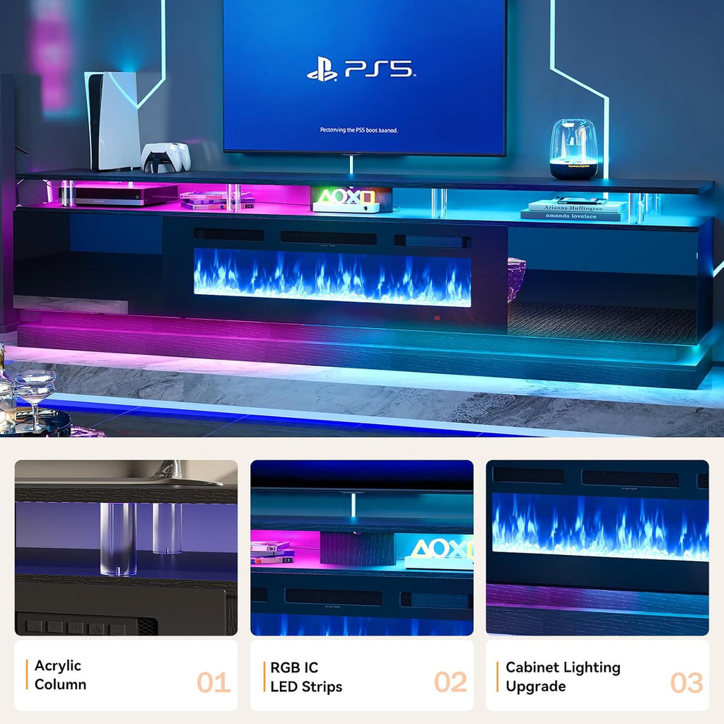 80" Modern Fireplace TV Stand for TVs up to 80", Black Entertainment Center with Black Electric Fireplace,Storage Cabinets&Adjustable LED Light&WiFi, Media Console for Living Room