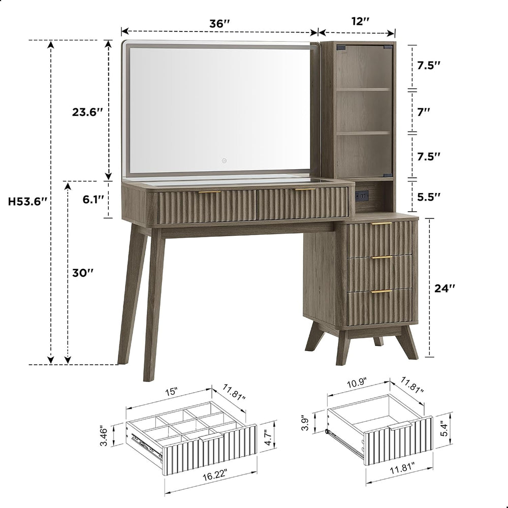 T4TREAM 48" Fluted Makeup Vanity Desk with 36" Lighted Mirror, Brow...
