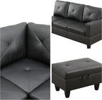 L-Shaped Sectional Sofa with Movable Chaise & Storage Ottoman, Leather 3-Piece Modular Convertible Couches for Living Room, Apartment & Office, Black