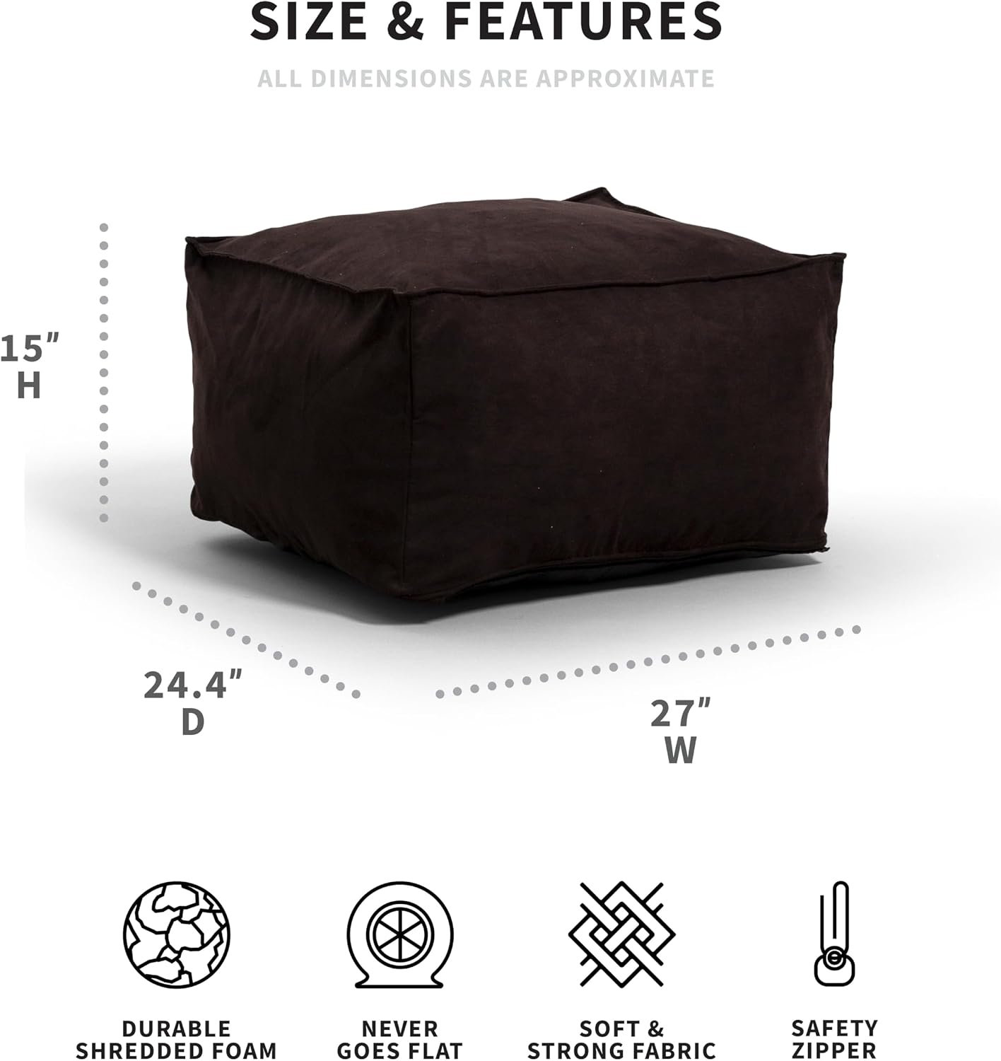 Big Joe Imperial Lounger Ottoman Foam Filled Bean Bag with Removable Cover, Black Plush, Soft Polyester, 2 feet