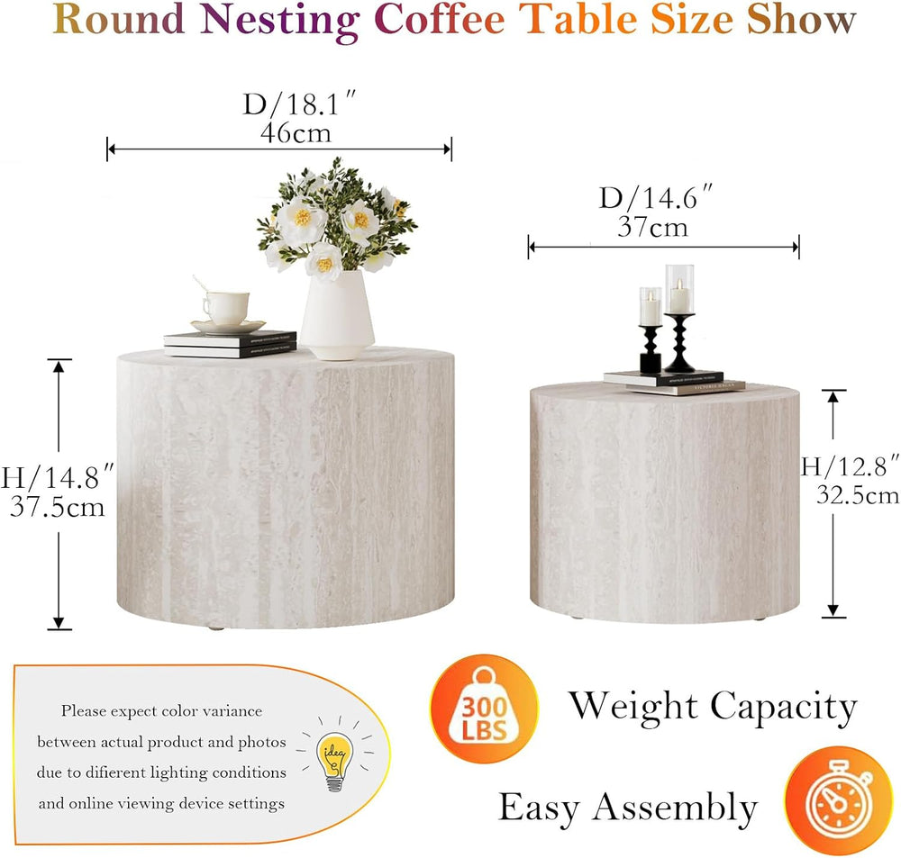 Round Travertine Coffee Table Set of 2 (C 18.1+14.6in) | Modern Stripe Circle...