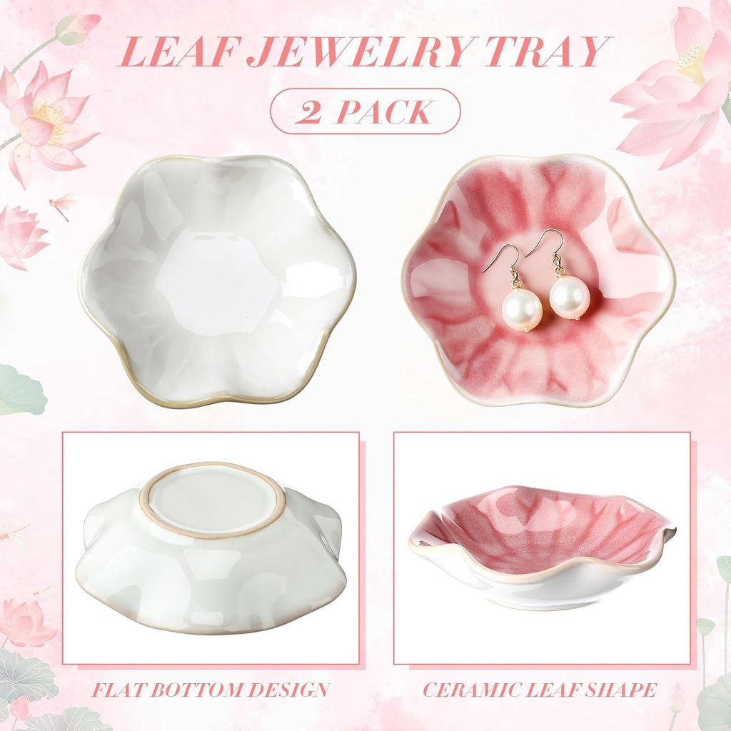 meekoo 2 Pcs Trinket Dishes for Jewelry Lotus Leaf Shape Ceramic Ring Holder Jewelry Tray Bowl Woman Gift for Mom Sister(Pink and White)