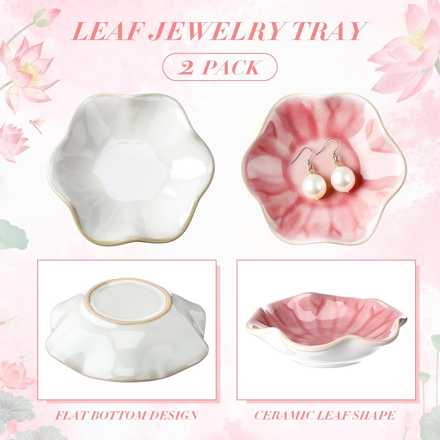 meekoo 2 Pcs Trinket Dishes for Jewelry Lotus Leaf Shape Ceramic Ring Holder Jewelry Tray Bowl Woman Gift for Mom Sister(Pink and White)